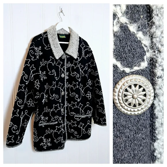 Vintage Geiger Collections Black Wool Coat Austrian Tailored Embroidery Size 40 - Picture 1 of 16